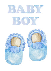 Watercolor baby boy shower set. Its a boy theme with shoes. Its a boy illustration