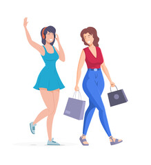 Two cheerful girls in casual clothes walking and chatting