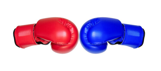 Red and blue boxing gloves on white background. Concept of fighting