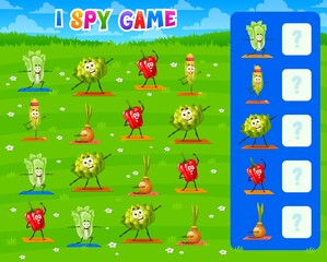 Obraz na płótnie Canvas I spy game worksheet, cartoon vegetables on yoga fitness, Vector kids puzzle tabletop riddle game to find and match funny corn and pepper with onion and romanesco cabbage on yoga or sport training