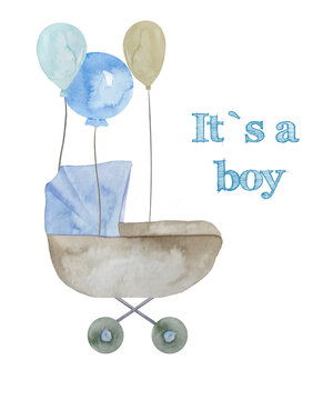 Watercolor baby boy blue stroller with balloons illustration. Its a boy set