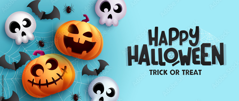 Wall mural halloween greeting vector design. happy halloween text in blue space with pumpkin, skull and bat spo