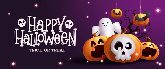 Fototapeten Halloween party vector design. Happy halloween greeting text with ghost, skull and pumpkin elements in cute faces for fun and spooky night celebration. Vector illustration.  © ZeinousGDS