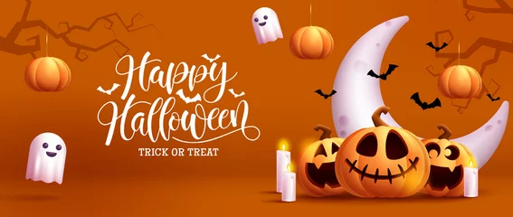 Zelfklevend Fotobehang Halloween party vector background design. Happy halloween typography text with ghost and jack o lantern in scary yard for trick or treat night celebration. Vector illustration.  © ZeinousGDS