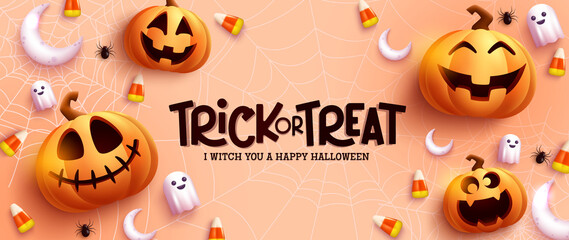 Halloween greeting vector design. Trick or treat text in cob web background with jack o lantern and ghost elements for halloween celebration decoration. Vector illustration.
 - obrazy, fototapety, plakaty