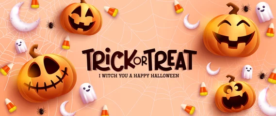 Foto op Aluminium Halloween greeting vector design. Trick or treat text in cob web background with jack o lantern and ghost elements for halloween celebration decoration. Vector illustration.  © ZeinousGDS