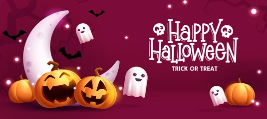 Rolgordijnen Halloween vector background design. Happy halloween trick or treat text with cute ghost and pumpkins element for spooky yard party celebration. Vector illustration.  © ZeinousGDS