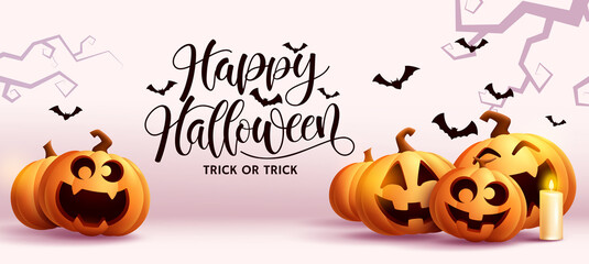 Halloween party vector background design. Happy halloween text with cute and funny pumpkin faces in yard for spooky trick or treat decoration. Vector illustration.
 - obrazy, fototapety, plakaty