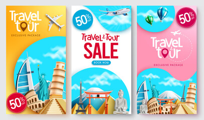 Travel promo vector poster set. Travel tour sale text collection in exclusive package discount with worldwide tourist destination landmarks for tourist travelling offer. Vector illustration.
