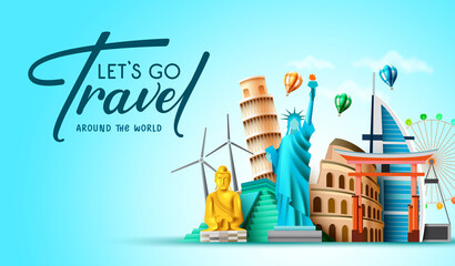 Worldwide travel vector background design. Let's go travel text with around the world tourist destination like america, asia and europe for tourist travelling. Vector illustration.  © Zeinous