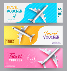 Travel gift certificate vector set design. Travel voucher text with airplane transportation element for trip and tour gift check advertisement promotion. Vector illustration.
 - obrazy, fototapety, plakaty