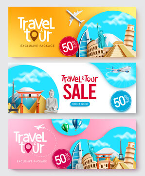 Travel package vector banner set design. Travel tour sale text collection with exclusive discount offer in travel destination background for travelling voucher promotion. Vector illustration.

