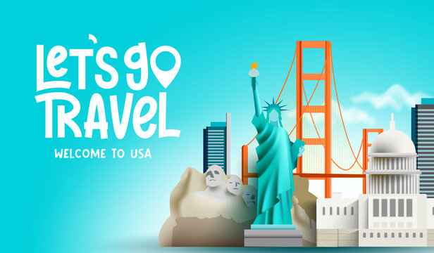 Travel america vector background design. Lets go travel to usa  text with famous buildings, bridge and structure  elements for travelling united states destination. Vector illustration.
