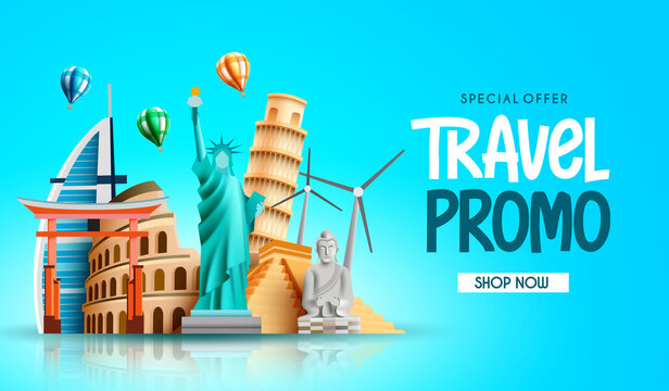 Travel promo vector design. Travel promo special offer text with worldwide destination landmarks for tourist vacation travel and visit. Vector illustration.
