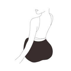 Linear female figure. Elegant faceless lady in black dress. Graceful woman silhouette. Minimalistic hand drawn vector illustration. Trendy logo for boutique, shop, beauty salon.