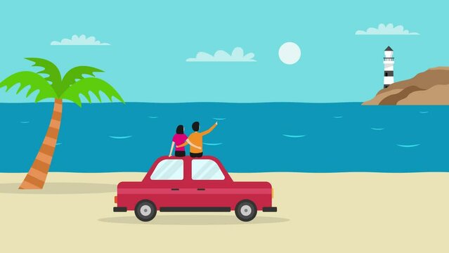 Young couple enjoys beach landscape above the car