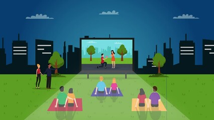 Crowded people enjoying outdoors cinema