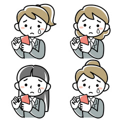 スマホを見て泣く若い女性の上半身セット