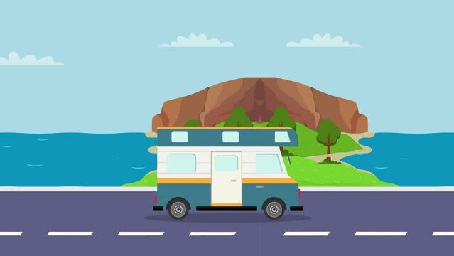 Family van moving on road with beach background