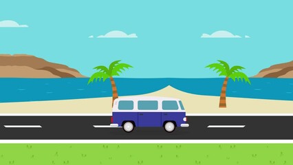 Vintage van moving on road with beach background