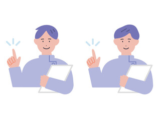 カルテを持って指差しをする看護師の男性のイラスト