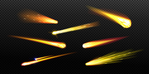 Flying comets, asteroids or meteors with flame trail isolated on transparent background. Vector realistic set of falling glowing meteorites from space, fireballs burning in Earth atmosphere