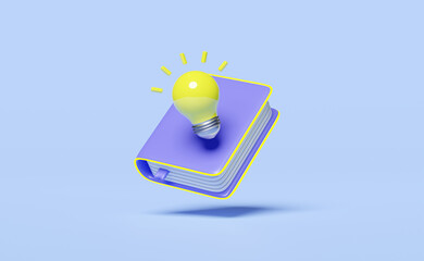 3d purple textbook, close book icon with yellow light bulb isolated on blue background. idea tip education, knowledge creates ideas concept, minimal abstract, 3d render illustration - obrazy, fototapety, plakaty