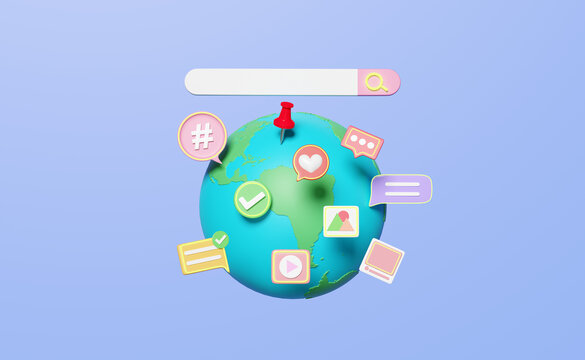 3d social media on earth with chat bubbles, search bar isolated on blue background. online social, communication applications seo concept, 3d render illustration