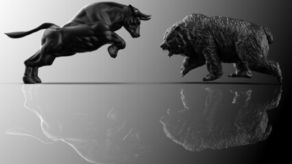 Obraz premium Black painted bull and bear sculpture staring at each other in dramatic contrasting light representing financial market trends under black-white background. Concept images of stock market. 3D CG.