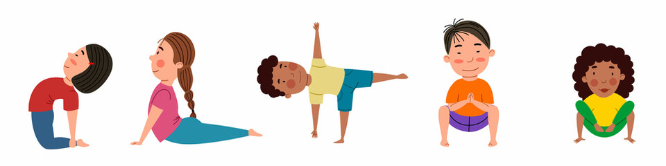 A set of pretty girls and boys of different nationalities are engaged in yoga. Yoga for children. Vector illustration in a flat style