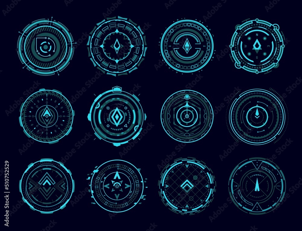 Poster HUD compass, aim control panel elements, vector digital interface radars. HUD futuristic technology or game compass or target position arrows, navigation and tracking gauges of spaceship dashboard