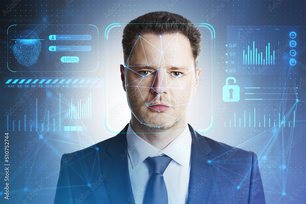 Aufkleber Biometric scanning, authentication by face recognition and safety system concept with digital access interface and handsome man face, double exposure