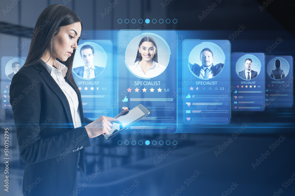 Aufkleber employee data recruitment and marketplace for search specialists or professional online with young w