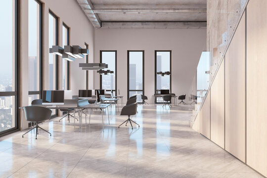 Side view on sunlit stylish open space office with modern furniture, glossy floor, stairs and city view from windows. 3D rendering
