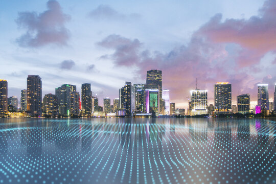 Smart city, IOT and wireless connection concept with abstract digital dotted waves cover river on night megapolis city background