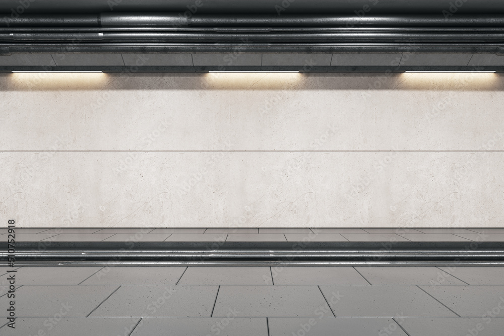 Poster Front view on light grey wall for advertising banner behind rails in abstract empty underground area with lights on top. 3D rendering, mockup