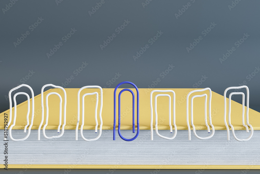 Poster abstract background with book, clips, and gray mock up place. education and supplies concept. 3d ren