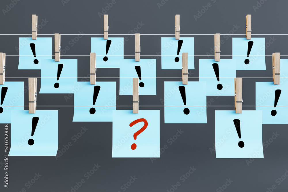 Aufkleber Abstract blue papers with question and exclamation marks hanging on ropes. Solution and answer concept. 3D Rendering.