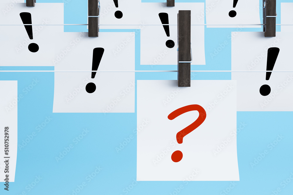 Poster Creative white papers with question and exclamation marks hanging on ropes. Solution and answer concept. 3D Rendering.