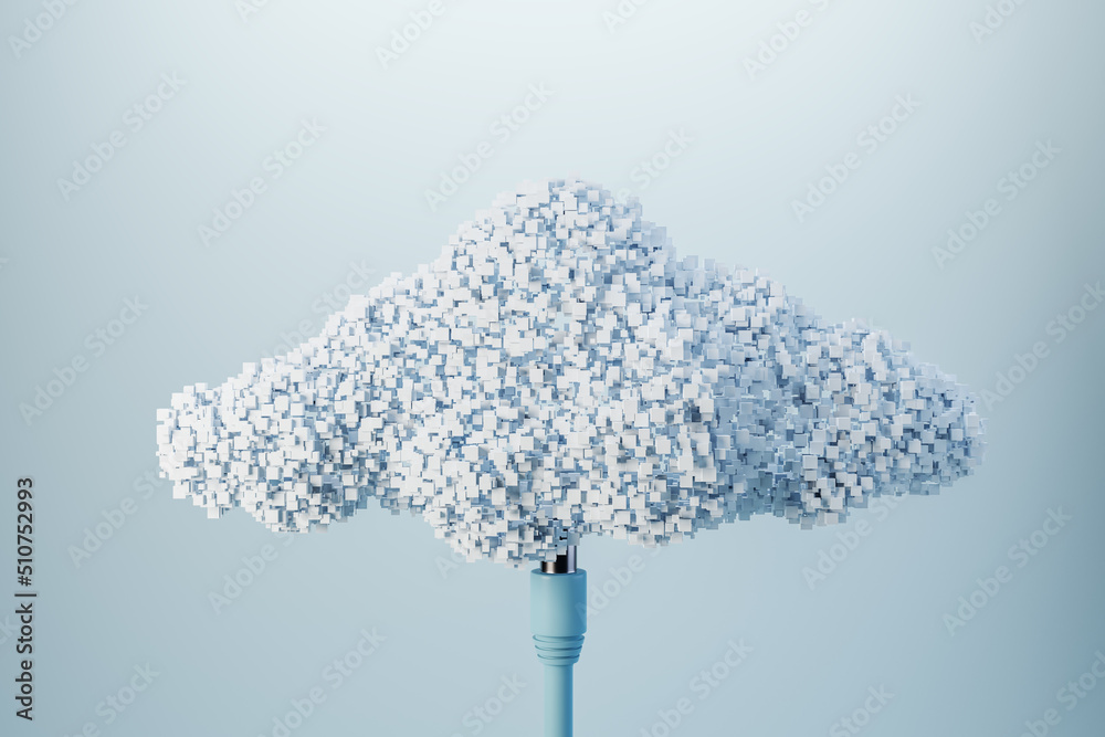 Poster data storage and cloud technology concept with blue wire connected to white pixelate cloud on abstra