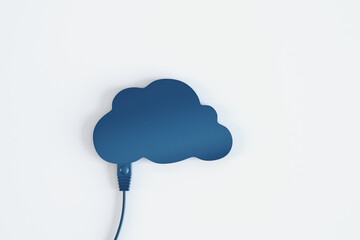 Cloud storage and cloud computing concept with dark blue cloud form and ethernet cable falling from...