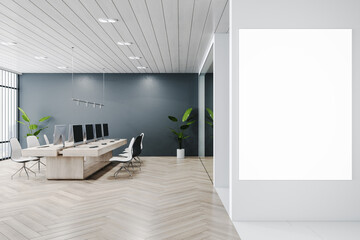 Modern concrete and wooden conference room interior with empty mock up banner on wall, furniture and equipment. 3D Rendering.