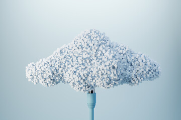 Data storage and cloud technology concept with blue wire connected to white pixelate cloud on...