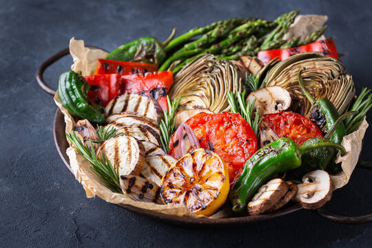 Grilled vegetables in a pan, summer eating, vegan food