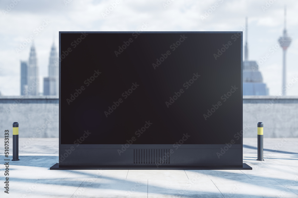 Poster Empty rectangular billboard on light city background. Mock up. Retail and commercial concept. 3D Rendering.