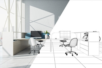 Front view on 3D visualization of spacious sunlit office with modern computer on wooden tables, light wall and huge window and wireframe, design project development. 3D rendering