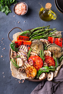 Grilled vegetables in a pan, summer eating, vegan food