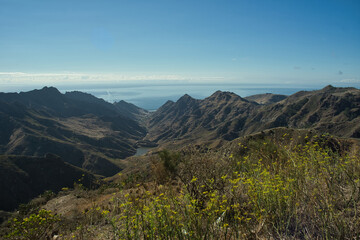 Fototapeta premium Spectacular landscape from the Anaga Rural Park in Tenerife, Canary Islands, Spain. Mountainous landscape full of colorful vegetation