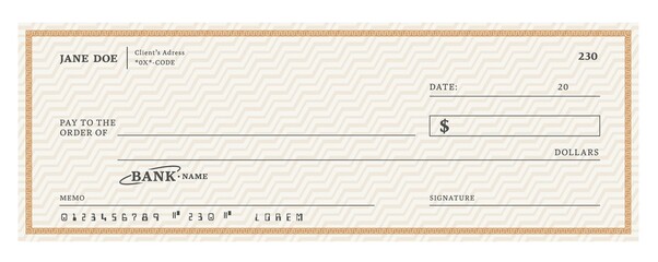 Blank bank check, checkbook cheque template or money payment paper voucher, vector mockup. Business or personal account cash pay cheque certificate or paycheck coupon from checkbook