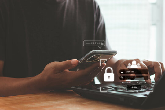 Concept of cyber security in two-step verification, multi-factor authentication, information security, encryption, secure access to user's personal information, secure Internet access, cybersecurity.